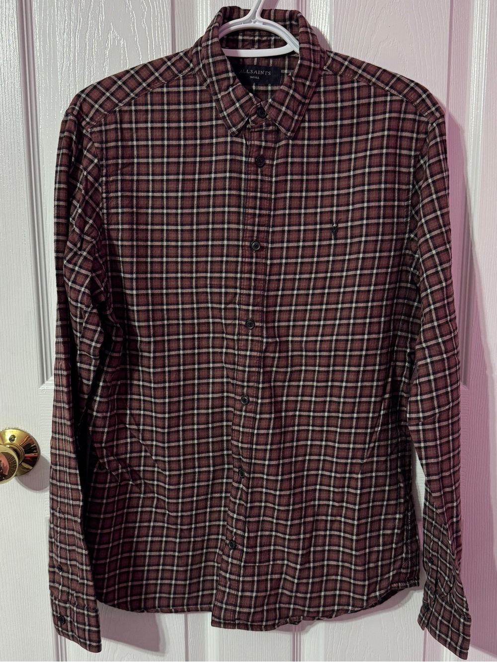 All Saints Dusty Red and Black Plaid Button-Down Shirt